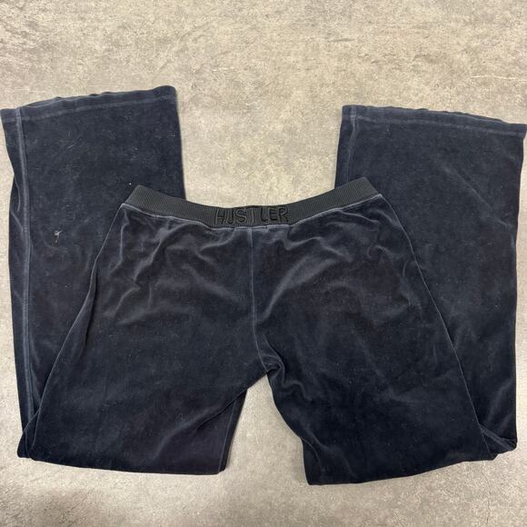 Vintage Y2K Hustler Black Velour Flare Baggy Drawstring Sweat Pants Lounge M - Picture 1 of 8